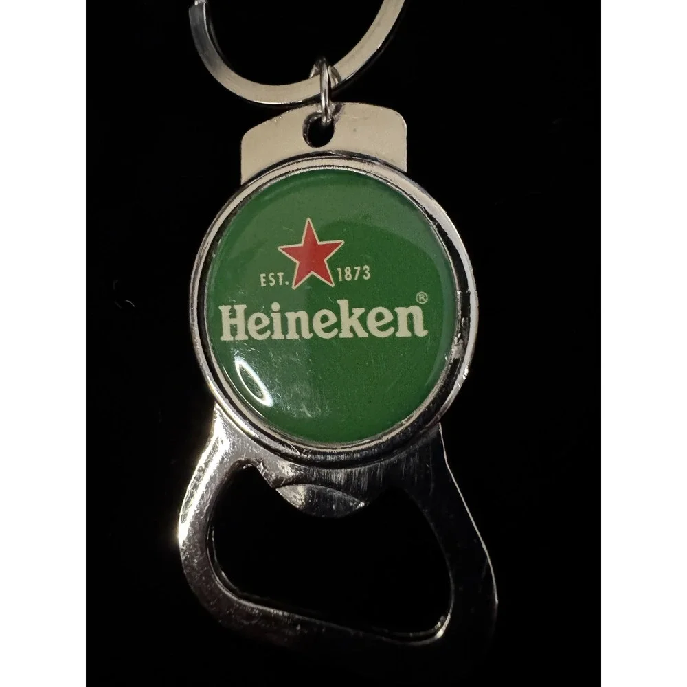 Heineken Beer Bottle Opener Keychain Silver Tone Metal Green Logo Red Star 3.75